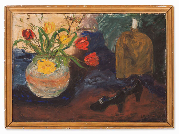 Lilly Ørum, Oil Painting, Flower Still Life with Shoes, 1938