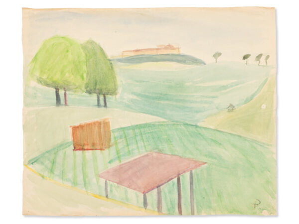 Rudolf Petrik, Field Landscape with Trees, Watercolor, c. 1950