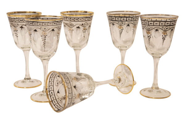 6 Cut and Etched Liqueur Glasses with Gold Enamel Decoration | 6 Geschliffene und geätzte Likörgläser mit Gold-Emaille Dekoration - Image 3