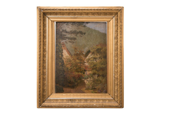 Impressionistic view of two houses by a river, late 19th century