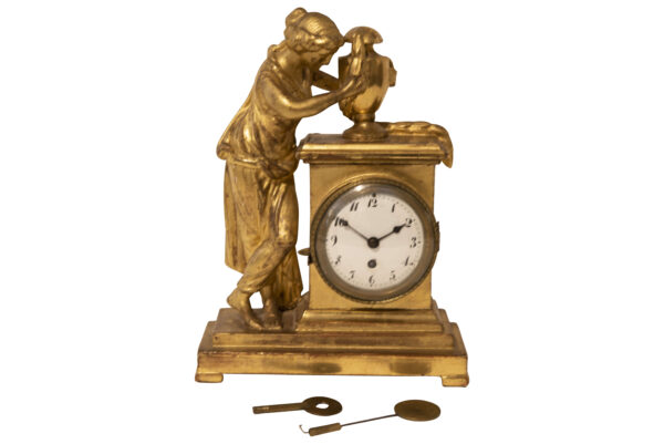 Gold Painted Wooden Grandfather Clock with Base and Figure with Goblet | Gold bemalte Standuhr aus Holz mit Sockel und Figur mit Pokal