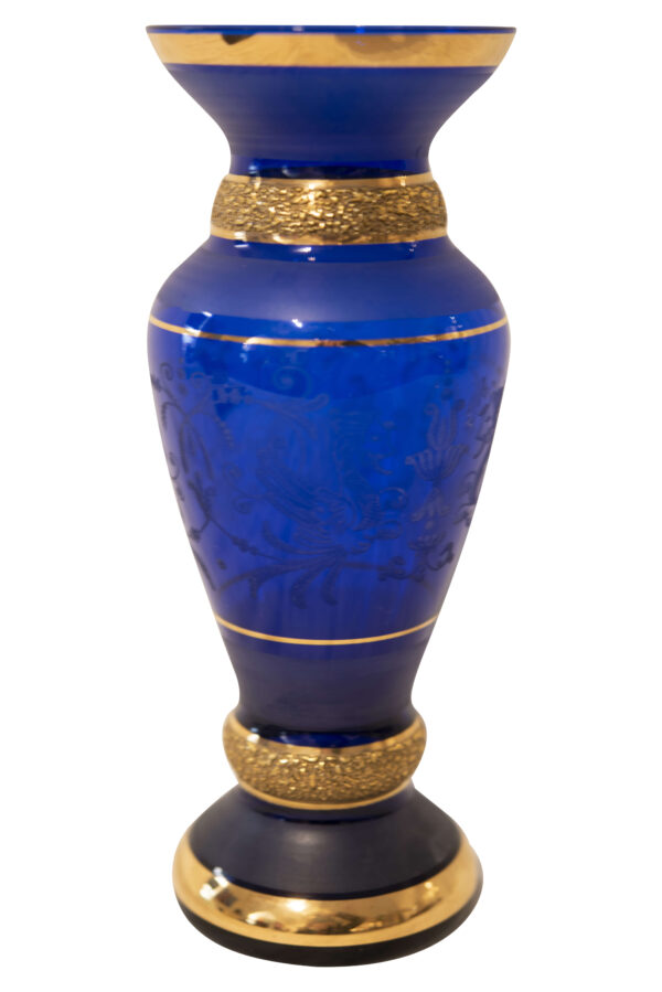 Cobalt Blue Glass Vase With Yellow Accents and Engraving | Kobaltblaue Vase aus Glas mit Gelben Akzenten und Gravur