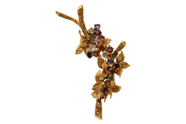 #159 Brosche Gelbgold mit bunten Amethyst- und Turmalinsteinen | Brooche Yellow Gold With Colorful Amethyst And Tourmaline Stones