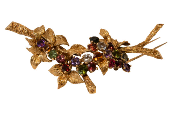#159 Brosche Gelbgold mit bunten Amethyst- und Turmalinsteinen | Brooche Yellow Gold With Colorful Amethyst And Tourmaline Stones - Image 4