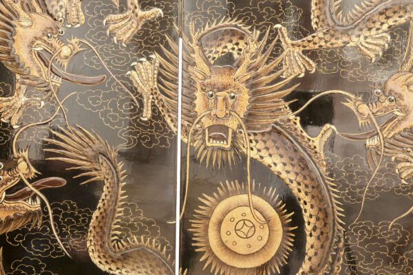 #122 Asian Folding Screen With Four Lacquered Panels And Dragon Motifs | Asiatischer Paravent - Image 3