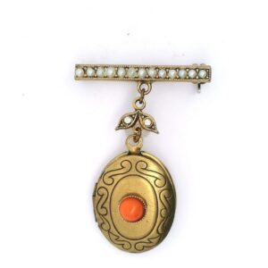 #191 Brosche aus Metall mit Koralle und Kunstperlen | Brooch In Metal With Coral And Imitation Pearls